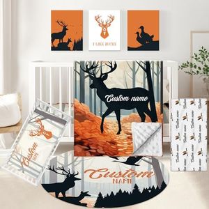 KAINSY Personalized Baby Crib Bedding Set, 5 Pcs Custom Baby Crib Set with Name, Soft Flannel Deer Crib Bedding Set for Boys, Double Layer Nursery Bedding Set, Toddler Infant Bedding Set Parents Gift