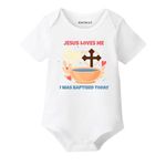 KNITROOT Baptism Special, Jesus Loves Me, Onesies, Unisex Baby Kids Cotton Lycra Half Sleeve White Rompers, Sleepsuit, Bodysuit, 0-3 Months, Infant Cloths for Boys & Girls