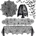 5 Pack Halloween Decorations Indoor Set Halloween Spider Web Tablecloth Round & Table Runners Fireplace Mantel Scarf Cobweb Lampshade Scary 3D Bats for Halloween Spooky Home Decor