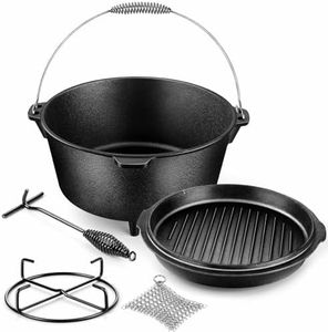 Joyfair 7qt Camp Dutch Oven Set of 4, Pre-seasoned Cast Iron Pot & Griddle Skillet, Campfire Accessories For Stewing Casserole/baking Sourdough Bread, Including Lid Lifter/Iron Stand/Cleaner