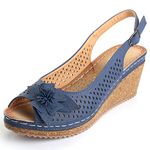 Alexis Leroy Women's Flower Peep Toe Hollow Out Slingback Platform Wedge Sandals, Dark Blue, 8