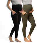 The Mom Store Maternity Leggings | Comfort Stretch Pregnancy Leggings for Women | Over The Belly Design | Maternity Wear for Pregnant Women(Olive-Black, M)