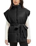 Kissonic Women's Quilted Puffer Vest Sleeveless Drawstring Stand Collar Jackets Lightweight Puffy Padded Gilet with Belt, Black, M