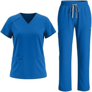 Eadflie Scrubs Set for Women - Medical Uniform Sets with V-Neck Top & Straight Leg Pants, 9 Pockets, Slim Fit,Utility strap - (Royal Blue/2XL)