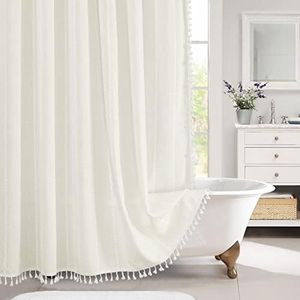 MitoVilla White Shower Curtain 72 x 78, Boho Farmhouse 78 inch Long Polyester Linen Tassel Ultra Thick Heavy Duty Fabric Shower Curtains for Chic Cottagecore French Rustic Bathroom Decor Ivory