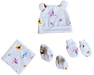 Little Sudhams Baby Muslin Cap Mittens Booties Wash Cloth Set for Newborn (Birds & Butterflies)