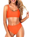 Tempt Me Women Two Piece Scoop Neck Bikini Crop Top High Cut Swimsuit Sporty High Waisted Bathing Suit with Bottoms, Orange, Medium