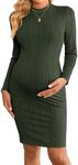 Ekouaer Maternity Dress Rib Knit Mock Turtleneck Long Sleeve Stretchy Bodycon Pregnancy Dresses Army Green M