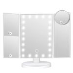 Makeup Mirror Vanity Mirror with Lights, Bathroom Adjustable Brightness Mirrors 1X/2X/3X/10X Magnification and Touch Screen Trifold Makeup Mirror Two Power Supply Modes Women Gift White