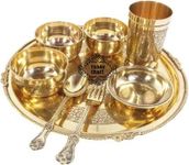 Yadav Craft Brass Premium Dinner Set Brass Thali Set Luxury Spoon Glass Bowls Golden (7) (Set Of 8), 250 milliliter, Floral