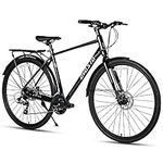 AVASTA Uranus Road Hybrid Bike 700C Lightweight Aluminum Alloy Frame with 24 Speed City Commute Bicycle for Men, Male with Rear Cargo Rack Dual Disc Brakes, 44 cm, Black