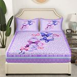 Butterfly Bedding Set Twin Size Purple Flowers Bed Set for Girls Teens Bedroom Decor Kids Plants and Leaves Fitted Sheet Soft Microfiber Butterflies Bed Cover(1 Fitted Sheet+1 Pillow Case)