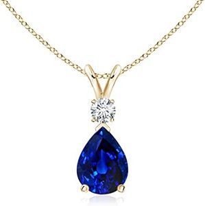 Angara Natural Blue Sapphire Teardrop Necklace With Diamond in Yellow Gold