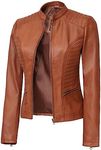 Decrum Slim Fit Leather Jacket For Women - Cafe Racer Style Real Lambskin Leather Womens Leather Jackets, N185 - Brown Leather Jackets for Women, Small