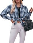 Womens Plaid Shirt Ladies Button Down Shirts Long Sleeve Oversize Boyfriend Casual Checked Shirt with Pocket L Blue