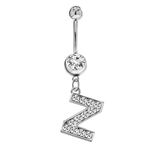 Initial Dangle Belly Button Rings | Embellished with CZ Crystals in Silver Letters A to Z | Ideal for Navel Piercings Belly Piercings - Initial Z - BB-026