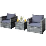 COSTWAY 3 Pieces Rattan Bistro Set, Patio Sofa Set Garden Table and Chairs with Cushions, Outdoor Furniture Wicker Conservatory Set for Balcony, Backyard, Terrace and Poolside (Grey)