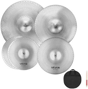 VEVOR Low Volume Cymbal Pack, 5Pcs Quiet Cymbals for Drum Set, 14'' Hi-Hats, 16'' Crash, 18'' Crash, 20'' Ride, Alloy Drum Cymbals Includes Free Drumsticks, Mute Pads & Bag, for Drummer Practice