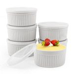 KisSealed 8 oz Ceramic Ramekins with Lids Set of 6,Oven Safe Baking Dishes/Cups Porcelain White Ramekin Bowls for Crème Brulee, Pudding,Ice Cream,Stackable