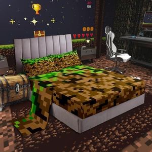 Castle Fairy Miner Style Square Grid Bed Sheets Queen Size,Brown Green Army Camo Bedding Set for Kids Boys Teens Men Room Decor,Cartoon Gamepad Modern Fitted Sheet Pixelated Games Top Flat Sheet 4Pcs
