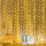 Aomig LED Curtain Lights, 3m×3m 300LED Curtain Fairy Lights, 8 Modes Remote Control Timer Adjustable Brightness,Waterproof Window String Lights USB & Battery Powered for Bedroom Party(Warm White)