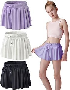 3 Pack Girls Flowy Shorts with Spandex Liner 2-in-1 Youth Butterfly Skirts for Fitness, Running, Sports, Lavender/White/Black, Medium