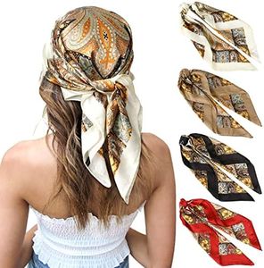 CHLINS 27 Inches Silk Feeling Square Head Scarf - 4 Pcs Satin Square Head Scarves for Women Hair Bandanas (Red+Black+Beige+Camel)