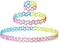 BodyJ4You Choker Henna Tattoo Necklace Bracelet Ring Set - 90s Accessories 80s Old School 2000s Jewelry - Vibrant Pink Blue White Green Yellow - One Size Women Teen Girl - Stretchy Elastic Plastic