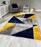 NEW MUSTARD OCHRE NAVY GREY SILVER SILKY SOFT SHAG PILE RUG TRIANGLE DESIGN CONTEMPORARY SHAGGY MAT (80X150CM)