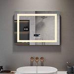 ELEGANT LED Bathroom Mirror with Shaver Socket and Bluetooth Speaker Illuminated Wall Mounted Vanity Mirror with Demister Pad Smart Mirror with Three-Color Infinitely Dimmable Time Display 800x600mm