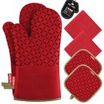 KEGOUU Oven Mitts and Pot Holders 6pcs Set, Kitchen Oven Glove High Heat Resistant 500 Degree Extra Long Oven Mitts and Potholder with Non-Slip Silicone Surface for Cooking