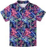 uideazone Size 13-14 Teen Boys Funky Hawaiian Shirts Neon Savage Printing Button Down Aloha Shirt Unqiue Short Sleeve Blouse Beach Style Summer Wear Tops