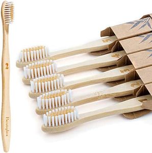 Bestylez Bamboo Toothbrushes, Medium Soft Nylon Bristle, Wooden Toothbrush, Biodegradable Natural Organic & Vegan Tooth Brush (Adult 5 Pack Cream White)