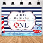 MEHOFOND Ahoy Nautical Boy 1st Birthday Party Decorations Backdrop Nautical Birthday Party Banner Supplies Navy Blue Stripe Red Lighthouse Anchor Photography Background Photo Booth Props Vinyl 7x5ft