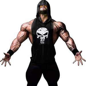 YeeHoo Men's Workout Fitness Hooded Skull Print Tank Tops Bodybuilding Muscle T Shirt Sleeveless Gym Hoodies