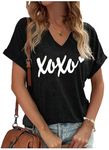 Valentine's Day V Neck T Shirts Womens Funny Double Heart Graphic Shirts Valentines Gift Tshirt Short Sleeve Couple Tops, Black-5, Small