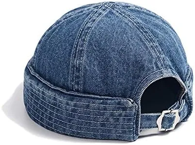 CLAPE Brimless Hats for Men Womens Skullcap Mens Vintage Docker Beanie Cap Washed Cotton Rolled Cuff Harbour Hat Solid Watch Hat (GD59-Denim Blue)