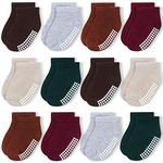 JAKIDAR 12 Pairs Baby Socks Non-Slip Toddler Socks With Grips for Baby Boys Girls - Ankle Low Cut Cotton Socks for Babe and Kids, Red Brown 2-4T