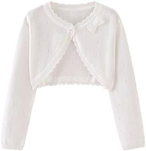 Miccina Girls Cardigan Bolero Shrug Knit Sweater Kids Long Sleeve Dresses Cover Up Button Closure Crochet Tops Baby Toddler Clothes, White, 3-4 Years