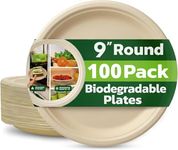 Strong Paper Plates (9inch - 100 Pack) – 100% Compostable Disposable Plates – Heavy Duty Natural Sugarcane Eco-Friendly Biodegradable Plastic Free Bagasse Party Plate – Microwave & Freezer Safe