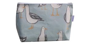 Stand alone oilcloth washbag in a friendly seagull design. Toiletry Bag. Make up bag.