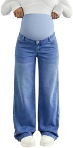 BLENCOT Maternity Jeans Over Belly Wide Leg Pregnancy Pants for Work with Pockets Comfy Maternity Clothes Sky Blue XL