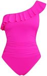 Hilor Women's Sexy One Piece Swimsuits Ruffled One Shoulder Bathing Suit Retro Modest Swimwear Neon Pink 10