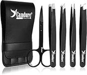 Candure Eyebrow Tweezers Set for Professionals (5Piece) – Stainless Steel Precision Tweezers for Ingrown Hair, Facial Hair, Splinter and Blackhead Remover