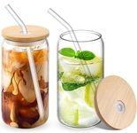 KELVEE Drinking Glasses Tumbler with Bamboo Lids and Glass Straw,2pcs Set,540ml Can Shape Beer Glasses Cup,Iced Coffee Mugs,Cute Sipper Cup,Soda,Iced Tea,Goblet Cup,Ideal for,Cocktail (THUMS - 2)