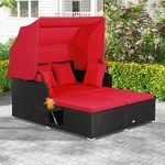 ORALNER Outdoor Daybed, 2-Person Wicker Chaise Lounge with Retractable Canopy, Cushions & Pillows, 2 Side Trays, Patio Double Sofa PE Rattan Sunbed Lounger for Deck Poolside Garden Balcony (Red)