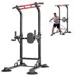 soges Power Tower Pull Up Bar Station, Dip Station for Home Gym, Height Adjustable Heavy Duty Strength Home Training Fitness Workout Equipment (Black-with Pull Rope)