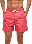 FREDRM Mens Swim Trunks Quick Dry Boardshorts with Mesh Lining Above Knee Swimwear Bathing Suits, Pink Anchor, Large