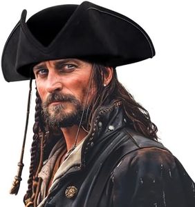 UQJE Authentic Black Pirate Hat for Adult Leather Tricorn Halloween Colonial Costume Accessories
