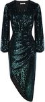 GRACE KARIN Sequins Dress for Women V-Neck Long Sleeve Pencil Dress Vintage Festival Christmas Party Dress Sequined Dark Green XXL